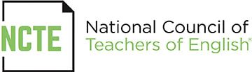 Logo for the National Council for Teachers of English, which depicts the letters 'NCTE' in green on top of an image of a white piece of paper with a folder upper-right corner, all next to the fuller stated name with 'Teachers of English' in green.