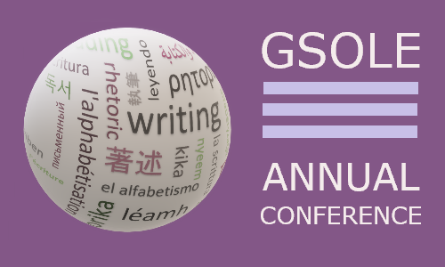 Globe wrapped by word-cloud with different words related to literacy, written in different languages; on the right it reads: 'GSOLE---ANNUAL CONFERENCE"