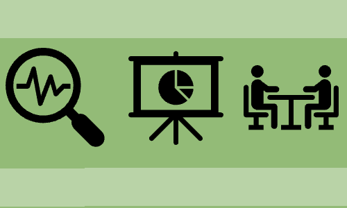 Three black research-related icons on a greenfield:A magnifying glass; a presentation screen; a mentorship meeting (two people sitting at a table).