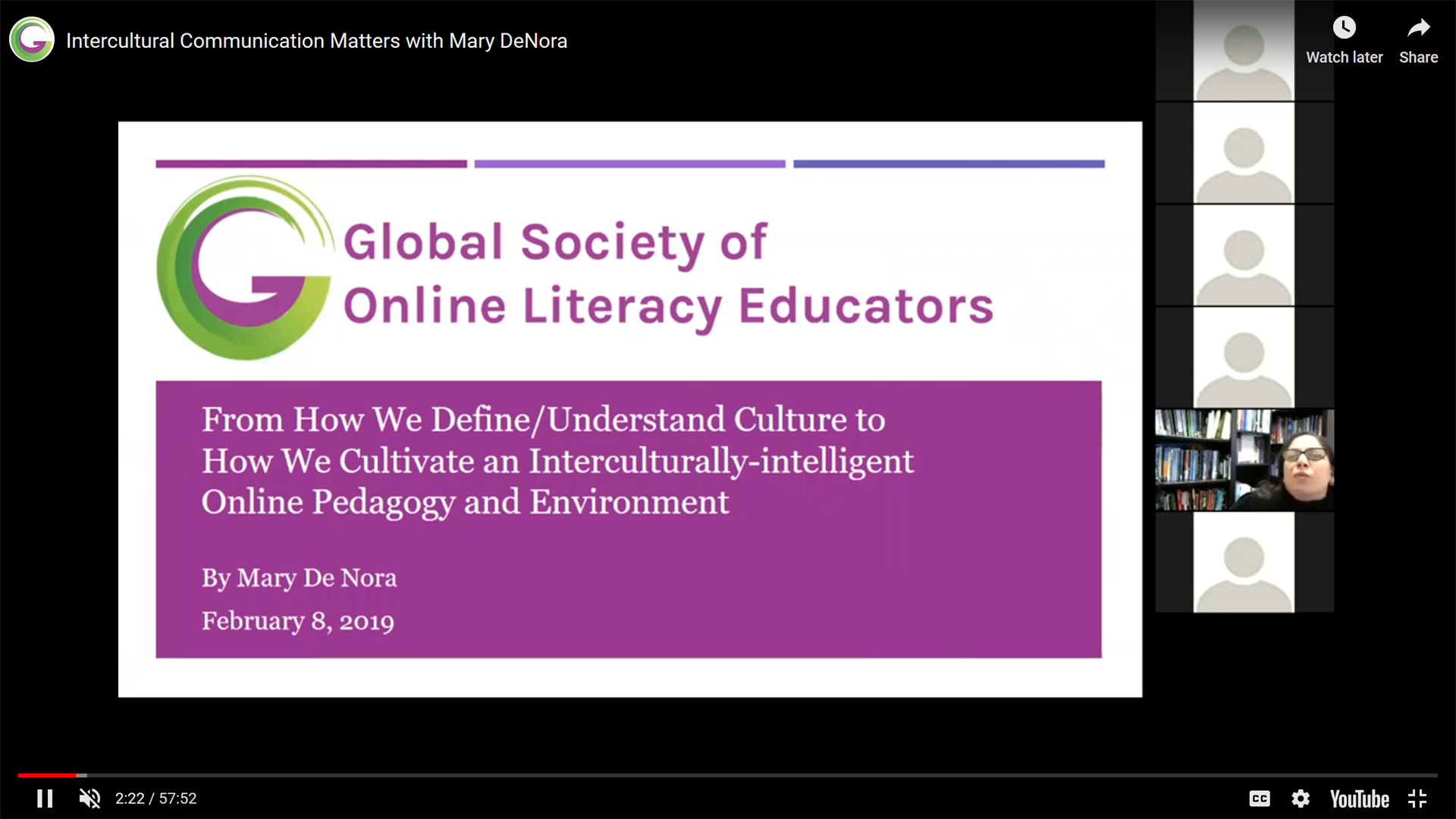 Webinar Screen Capture: Slide title "Global Society of Online Literacy Educators. Welcome to the 2019-2019 Webinar Series!"