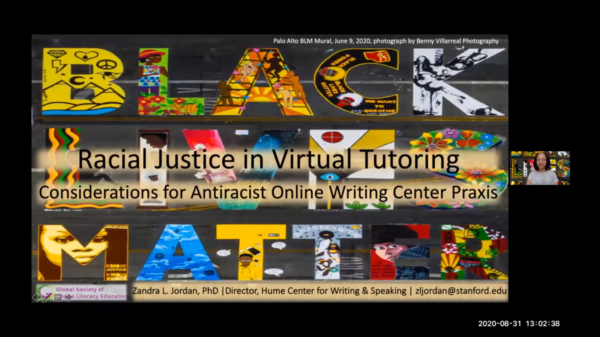 Webinar Screen Capture: Slide title "Starting, Evaluating or Revamping Online Tutoring in Your Writing Center"; pictures of participant cam images appear on right.